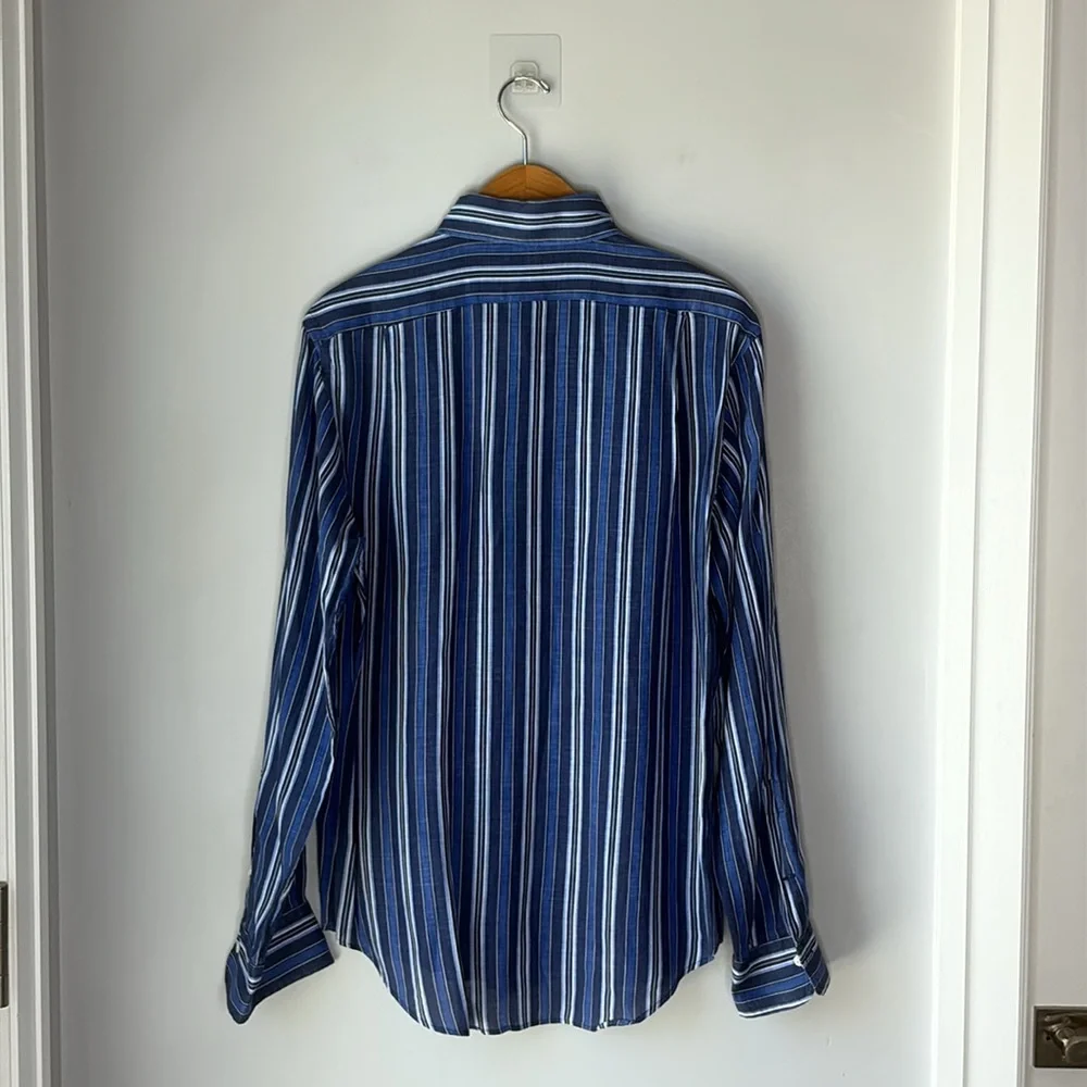 Polo Ralph Lauren 100% Linen Men's Blue Striped Button Up Current Shirt Sz M - Picture 3 of 8